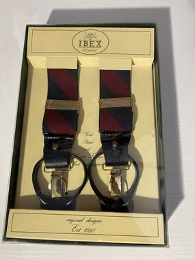 Ibex of England Men’s Braces Suspenders Striped Burgundy Navy Gold Plated NIB